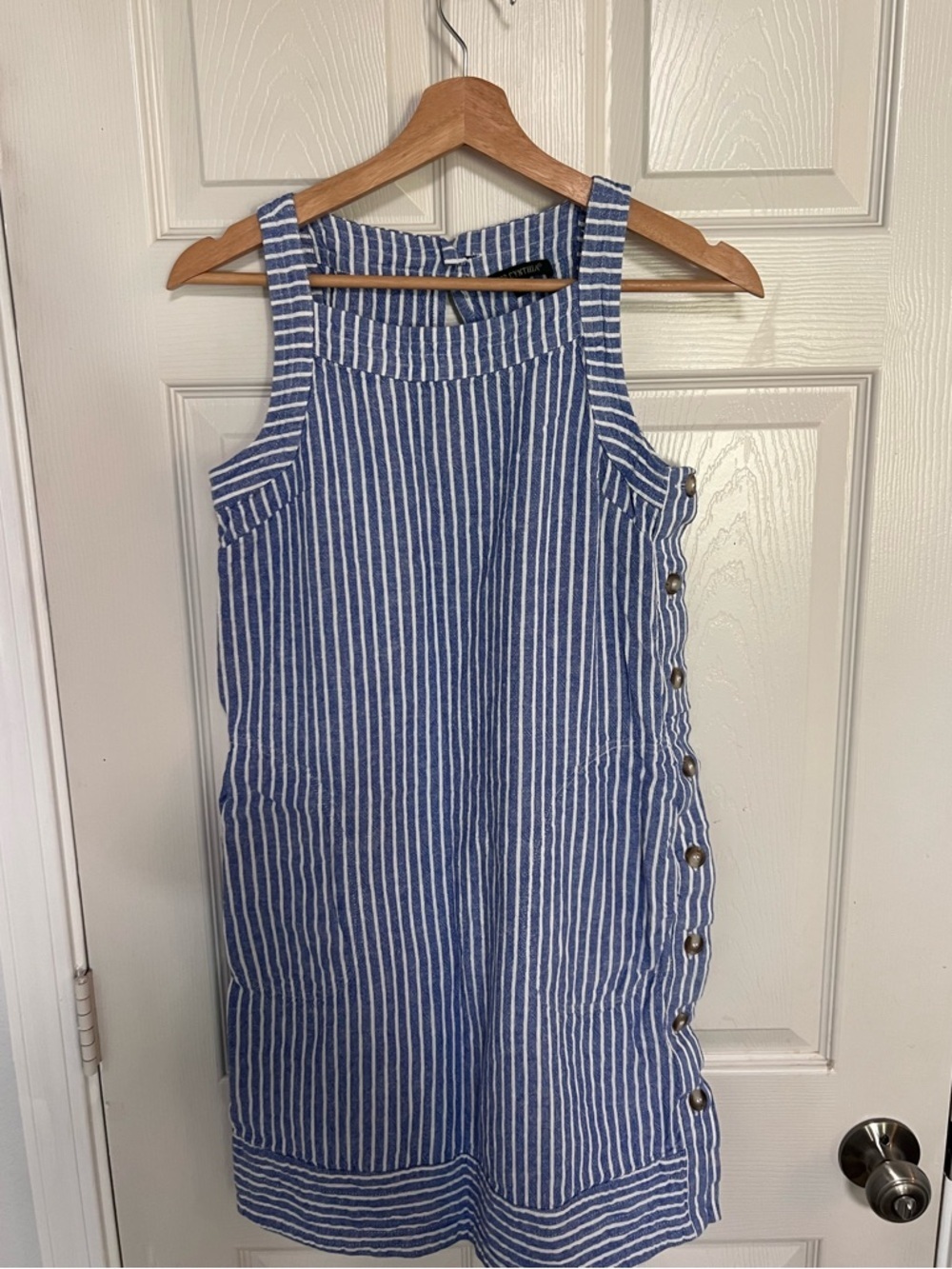 For Cynthia Women’s Blue White Stripe Linen Sleeveless Shift Dress Side Buttons - Picture 2 of 16